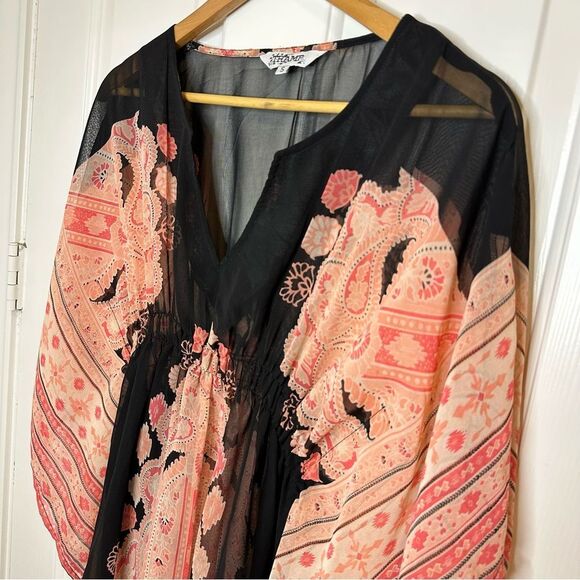 Y2K Tramp Pink Black Floral Paisley Kaftan Swim Coverup Tunic Sz S Coastal Boho - Picture 2 of 8